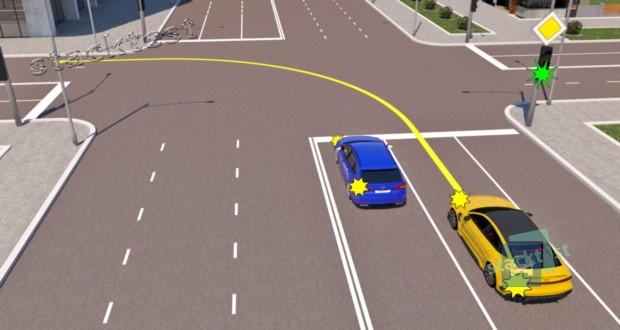 Водитель синего автомобиля остановился перед перекрёстком в крайней левой полосе движения с включёнными левыми световыми указателями поворота. Разрешено ли водителю жёлтого автомобиля осуществить поворот налево в такой ситуации со второй полосы?