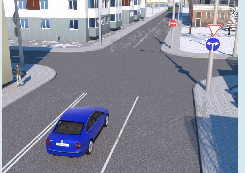 В каком направлении разрешено продолжить движение водителю синего легкового автомобиля?