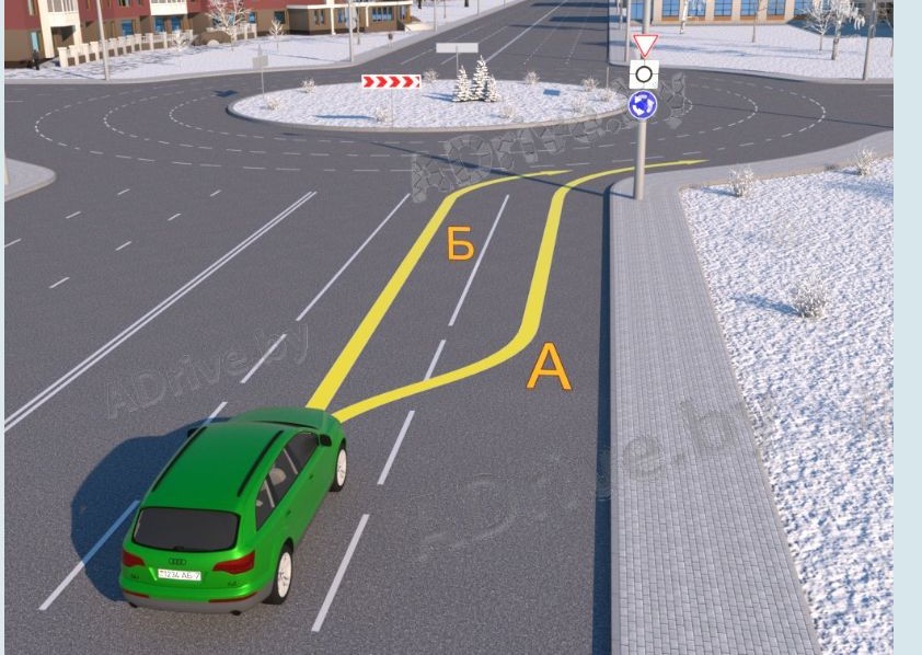 По какой траектории водителю зелёного автомобиля разрешается выехать на перекрёсток, на котором организовано круговое движение?