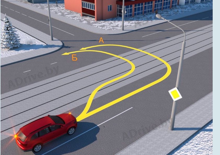 П о какой траектории водитель красного автомобиля выполнит ра3ворот в соответствии с Правилами дорожного д вижения?