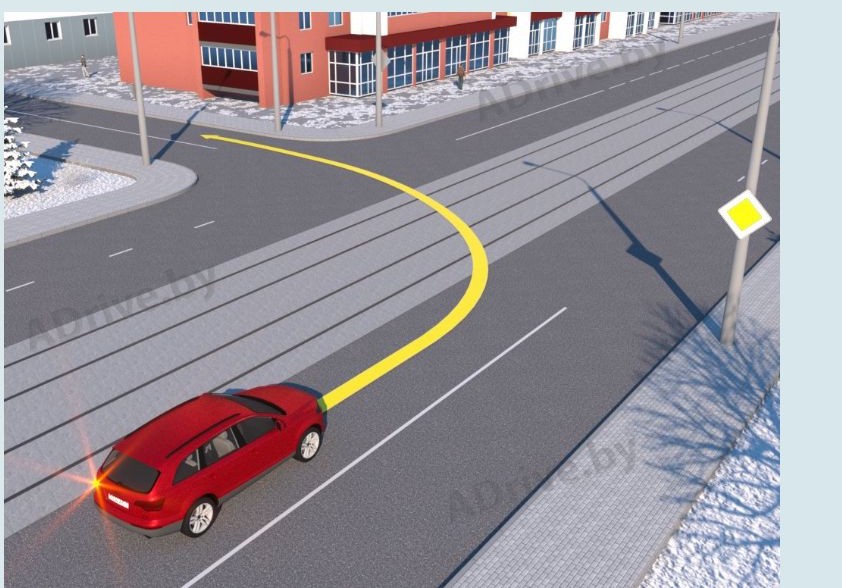 Нарушит ли Правила дорожного движения водитель красного автомобиля, выполнив поворот налево по траектории, показанной на рисунке (при отсутствии попутных трамваев)?