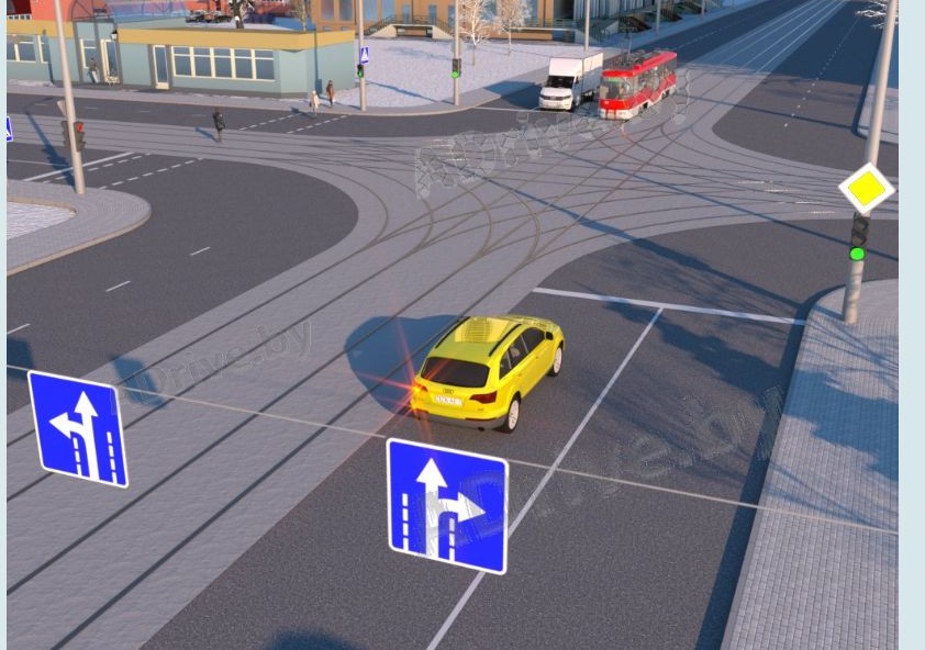 Каким образом водитель жёлтого автомобиля должен выполнить поворот налево в показанной ситуации?