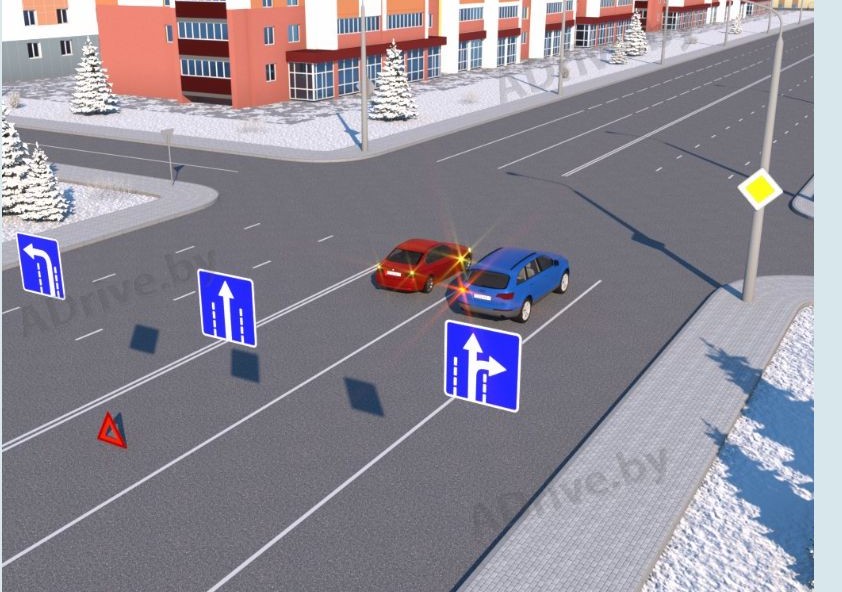 Разрешается ли водителю синего автомобиля выполнить поворот налево так, как показано на рисунке?