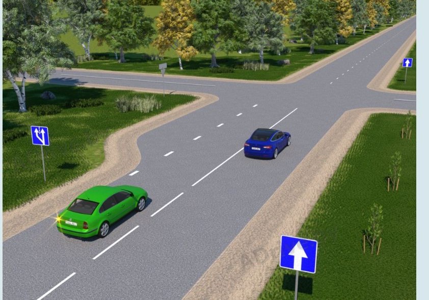 Как в соответствии с Правилами дорожного движения водитель зелёного автомобиля должен осуществить поворот налево?