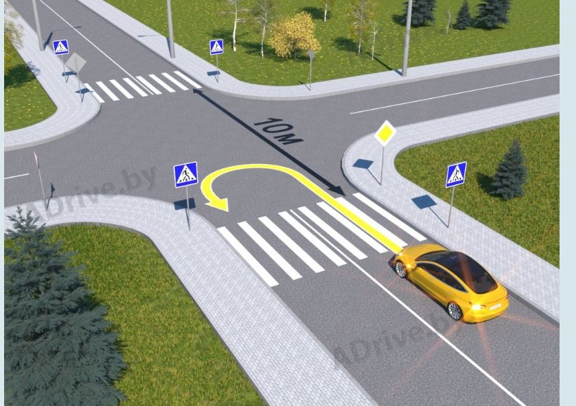 Нарушит ли Правила дорожного движения водитель жёлтого автомобиля, выполнив разворот по траектории, показанной на рисунке?