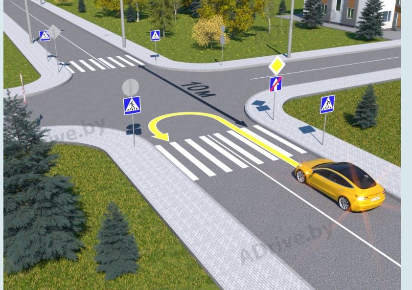 Нарушит ли Правила дорожного движения водитель жёлтого автомобиля, выполнив разворот по траектории, показанной на рисунке?