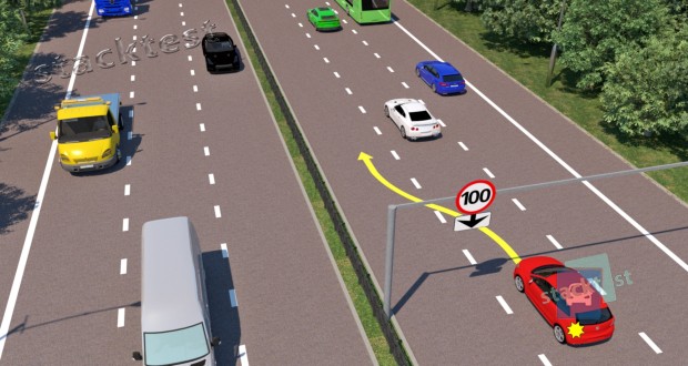 Нарушит ли водитель красного автомобиля Правила дорожного движения, перестроившись в крайнюю левую полосу движения, чтобы увеличить скорость до 100 км/ч?