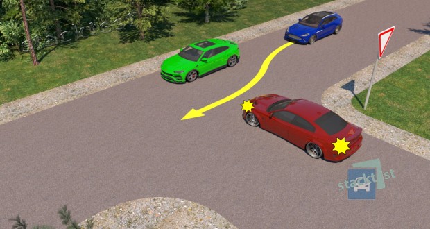 Разрешено ли водителю синего легкового автомобиля выполнить обгон в показанной ситуации, если водитель красного автомобиля частично выехал на встречную полосу движения?