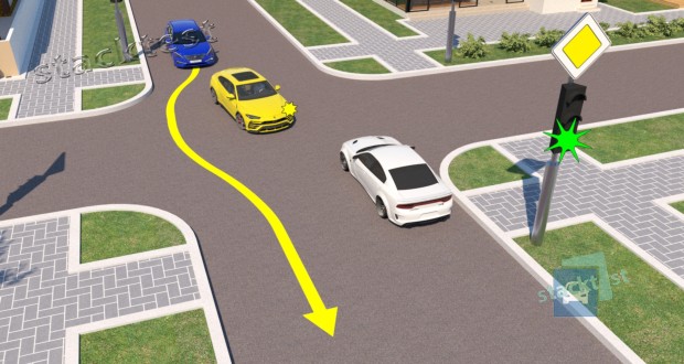 Нарушит ли Правила дорожного движения водитель синего автомобиля, совершив объезд жёлтого автомобиля на перекрёстке таким образом?