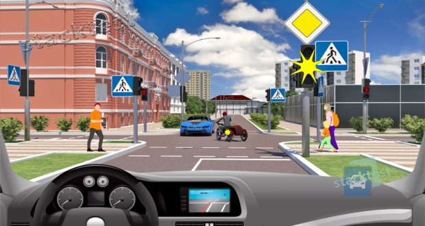 Как следует Вам поступить в показанной ситуации, управляя легковым автомобилем, если Вы намерены продолжать движение прямо (на светофоре включился жёлтый сигнал)?