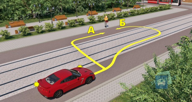 По какой траектории разрешается подъехать к краю проезжей части дороги с целью посадки пассажира в показанной ситуации?