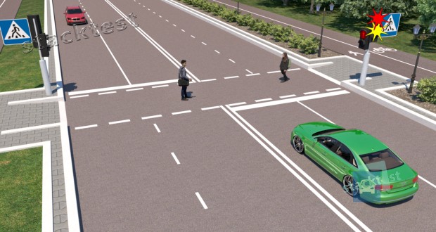 Как должен поступить водитель зелёного автомобиля при включении разрешающего сигнала транспортного светофора?