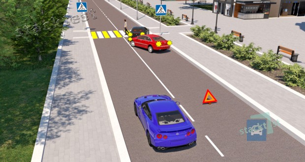Как должен поступить водитель синего автомобиля, объезжающий препятствие по встречной полосе перед пешеходным переходом?