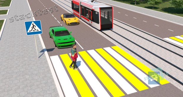 Как должен поступить водитель жёлтого легкового автомобиля, если транспортные средства замедлили движение перед пешеходным переходом?