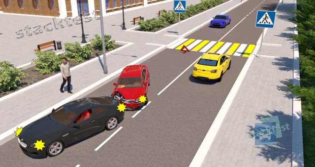 В каком месте должен остановиться водитель синего легкового автомобиля для пропуска встречного автомобиля при отсутствии пешеходов в пределах пешеходного перехода?