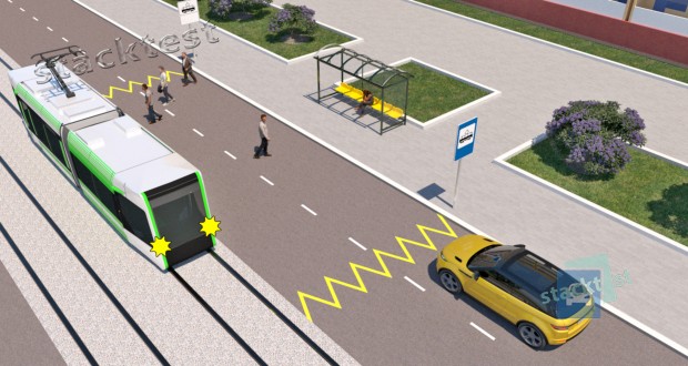 Как должен поступить водитель жёлтого автомобиля, подъезжая к остановочному пункту трамвая, где происходит посадка (высадка) пассажиров с проезжей части дороги?