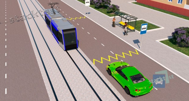 Разрешено ли водителю зелёного автомобиля опередить трамвай в зоне остановочного пункта трамвая в показанной ситуации при отсутствии пешеходов на проезжей части дороги?