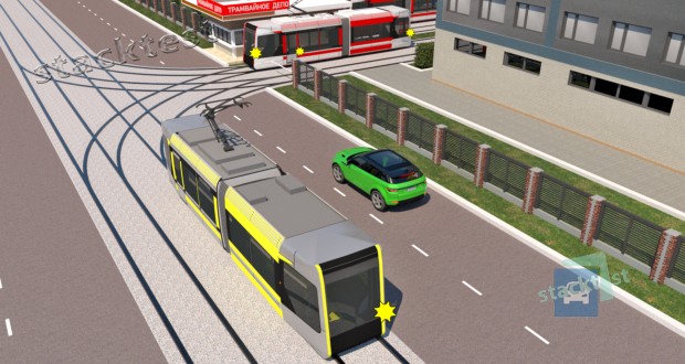 Какому из трамваев обязан уступить дорогу водитель зелёного легкового автомобиля?