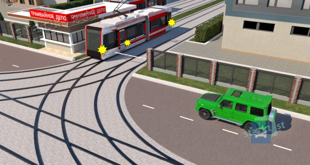 Должен ли водитель зелёного легкового автомобиля уступить дорогу трамваю?