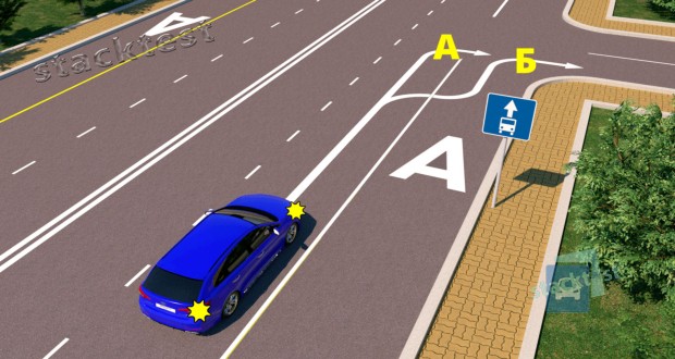 По какой из указанных траекторий водителю синего автомобиля разрешено повернуть направо?