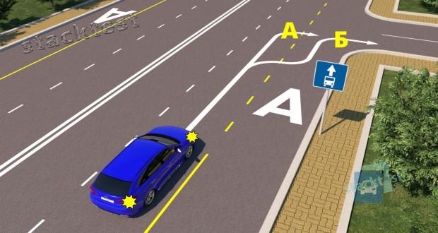 По какой из указанных траекторий водителю синего автомобиля разрешено повернуть направо?