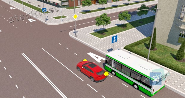 Как должен поступить водитель синего автомобиля, чтобы повернуть направо, если справа по соседней полосе движется маршрутный автобус?