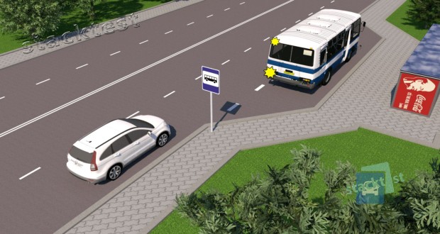Должен ли водитель синего легкового автомобиля уступить дорогу автобусу, начинающему движение вне населённого пункта?