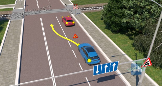 Разрешается ли водителю синего автомобиля объехать стоящее транспортное средство так, как показано на рисунке?