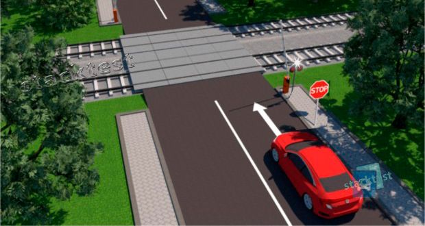 Как должен поступить водитель легкового автомобиля, если он заметил приближающийся вдали поезд, а шлагбаум открыт и на светофоре не горят запрещающие сигналы?
