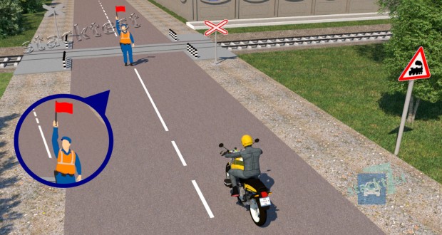 В каком месте мотоциклист обязан остановиться в показанной ситуации?