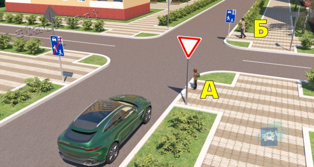 Кому из пешеходов в показанной ситуации обязан предоставить преимущество водитель легкового автомобиля?