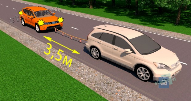 Соответствует ли расстояние между буксирующим и буксируемым транспортными средствами разрешённому Правилами дорожного движения для такого способа буксировки?