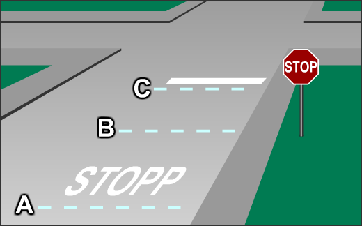В обозначенном какой буквой месте необходимо остановиться, чтобы уступить дорогу?