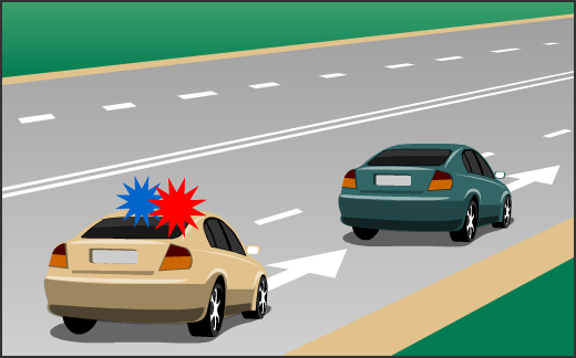 Что должен сделать водитель, если у движущегося за ним автомобиля работают проблесковые маячки синего и красного цветов?