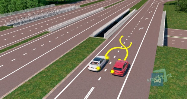 Abi tranporto priemonės rodo posūkio signalą. Kurios transporto priemonės vairuotojas privalo duoti kelią?