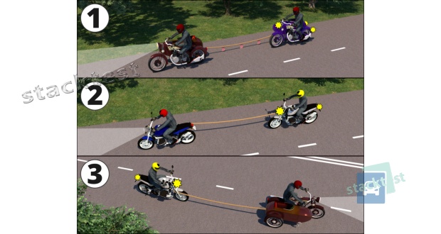 Кто из показанных мотоциклистов нарушает правила буксировки?