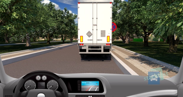 Разрешено ли водителю грузового автомобиля остановиться перед дорожным знаком «Остановка запрещена», как показано на рисунке?