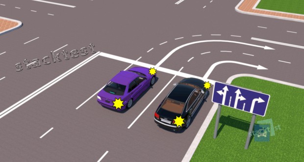 Чи правильно автомобіль, що знаходиться ліворуч, виконує поворот праворуч у другу смугу для руху?