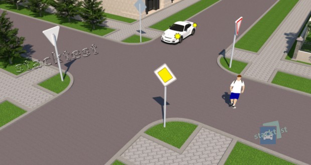 Чи повинен водій білого автомобіля дати дорогу пішоходам, які переходять проїзну частину на перехресті по лінії продовження тротуару?