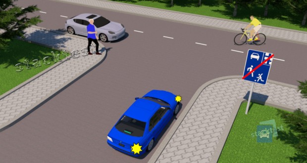 При выезде из жилой зоны водитель синего автомобиля должен уступить дорогу: