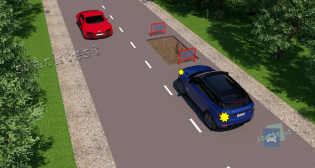 Чи може водій синього автомобіля продовжити рух, не чекаючи проїзду червоного автомобіля, якщо перешкода на його боці?