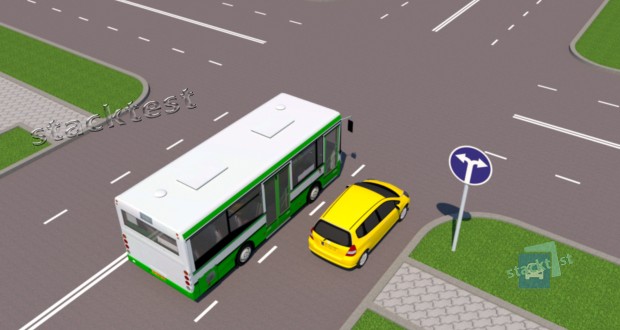 Якому транспортному засобу дозволено рух у прямому напрямку в зображеній ситуації?