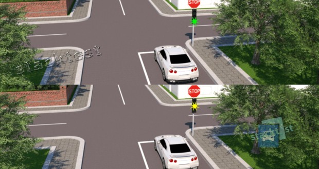 В какой из представленных ситуаций водитель должен выполнить требование знака «Проезд без остановки запрещен» (во второй ситуации светофор работает в режиме мигания желтого сигнала)?
