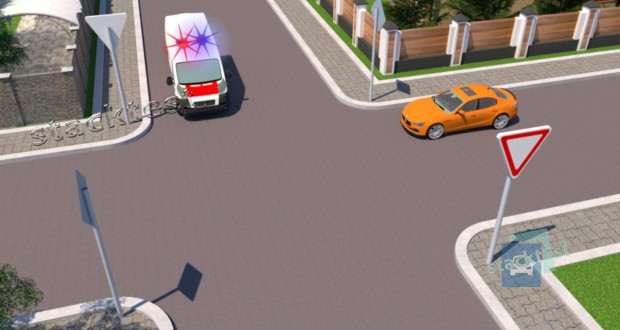 Должен ли водитель автомобиля, двигаясь по главной дороге, уступить дорогу транспортному средству с включённым синим проблесковым маячком?