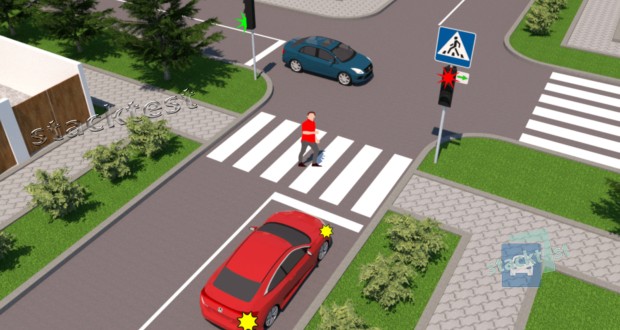 Как должен поступить водитель красного автомобиля, собирающийся поворачивать направо, в данной ситуации?