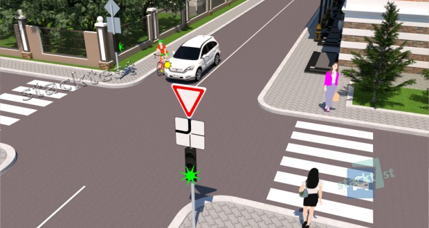 Чи повинен водій автомобіля, повертаючи праворуч на перехресті, дати дорогу велосипедистові, який рухається прямо в попутному напрямку?