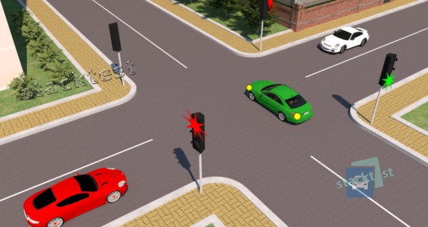 Как должен поступить водитель зеленого автомобиля, выехавший на пересечение проезжих частей на зеленый сигнал светофора?