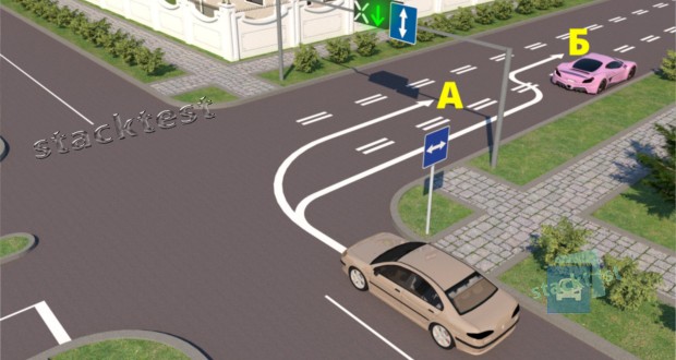 По какой траектории водитель белого автомобиля может выезжать на полосу с реверсивным движением при повороте?