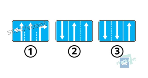 Який із зображених дорожніх знаків показує кількість смуг на перехресті й дозволені напрямки руху на кожній з них?