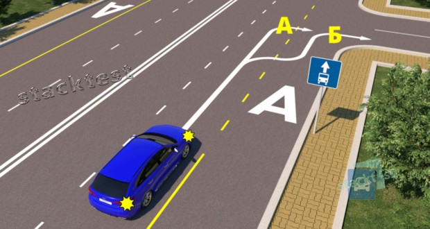 По якій траєкторії водієві синього автомобіля дозволено поворот праворуч?